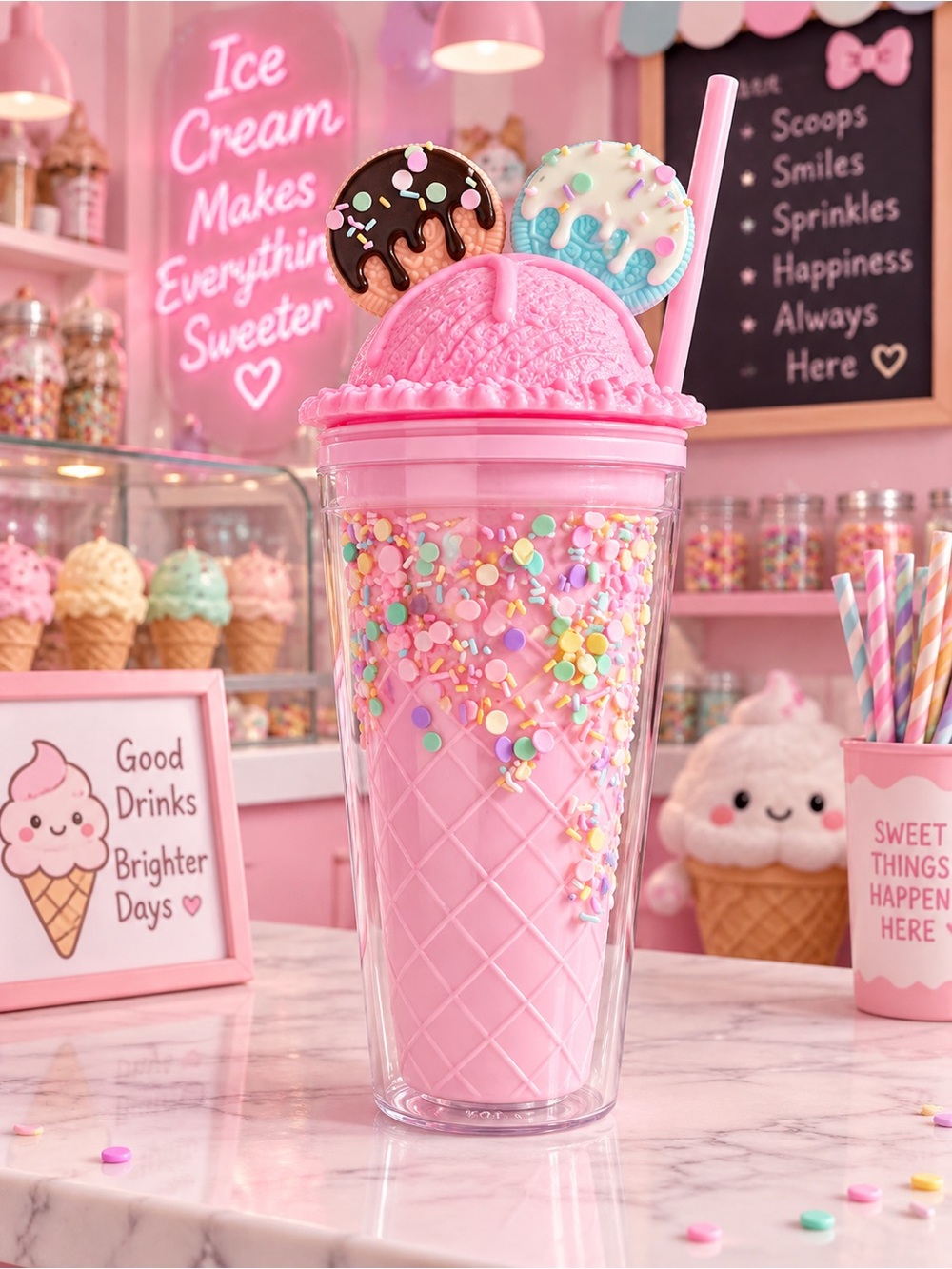 Pink Ice Cream Sprinkle Tumbler with Straw